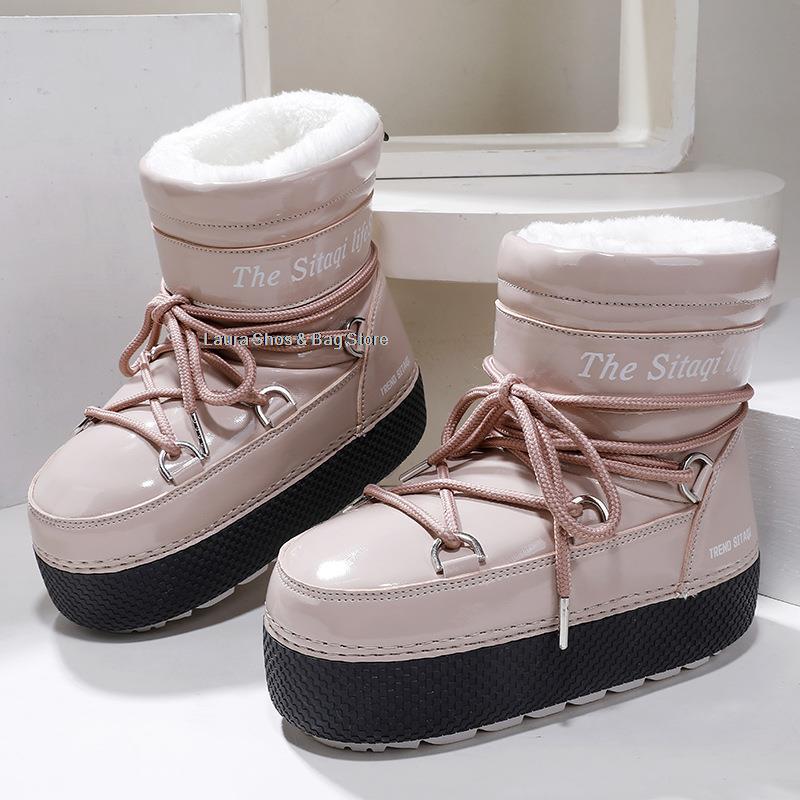 Модные зимние женские зимние ботинки для горных лыж для родителей и детей, водонепроницаемые ботинки до щиколотки, женские теплые плюшевые хлопковые ботинки на платформе и плоском каблуке