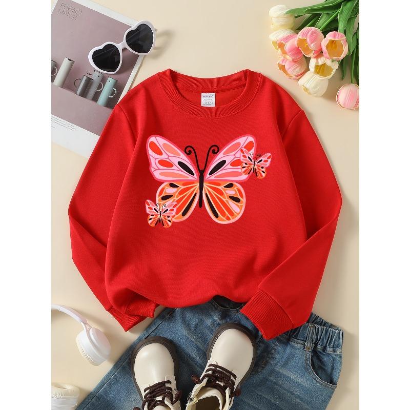 European sizes Girls Soft Crewneck Sweatshirt Pink Orange Butterfly Print Pattern, Casual All-Match for Fall Winter, Ideal Present.