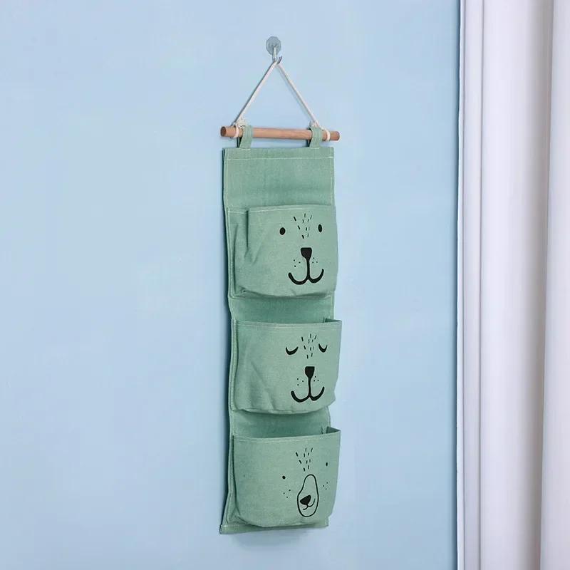 3 Pockets Cotton Wall Mounted Storage Bag Home Room Closet Door Sundries Clothes Hanging Bag Holder Cosmetic Toys Organizer