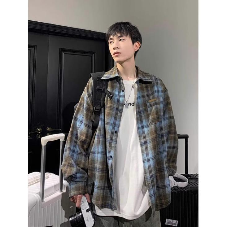 TGNS Trendy Spring Brushed Plaid Shirt Unisex Retro American Loose Casual Japanese Style Universal Couple Jacket