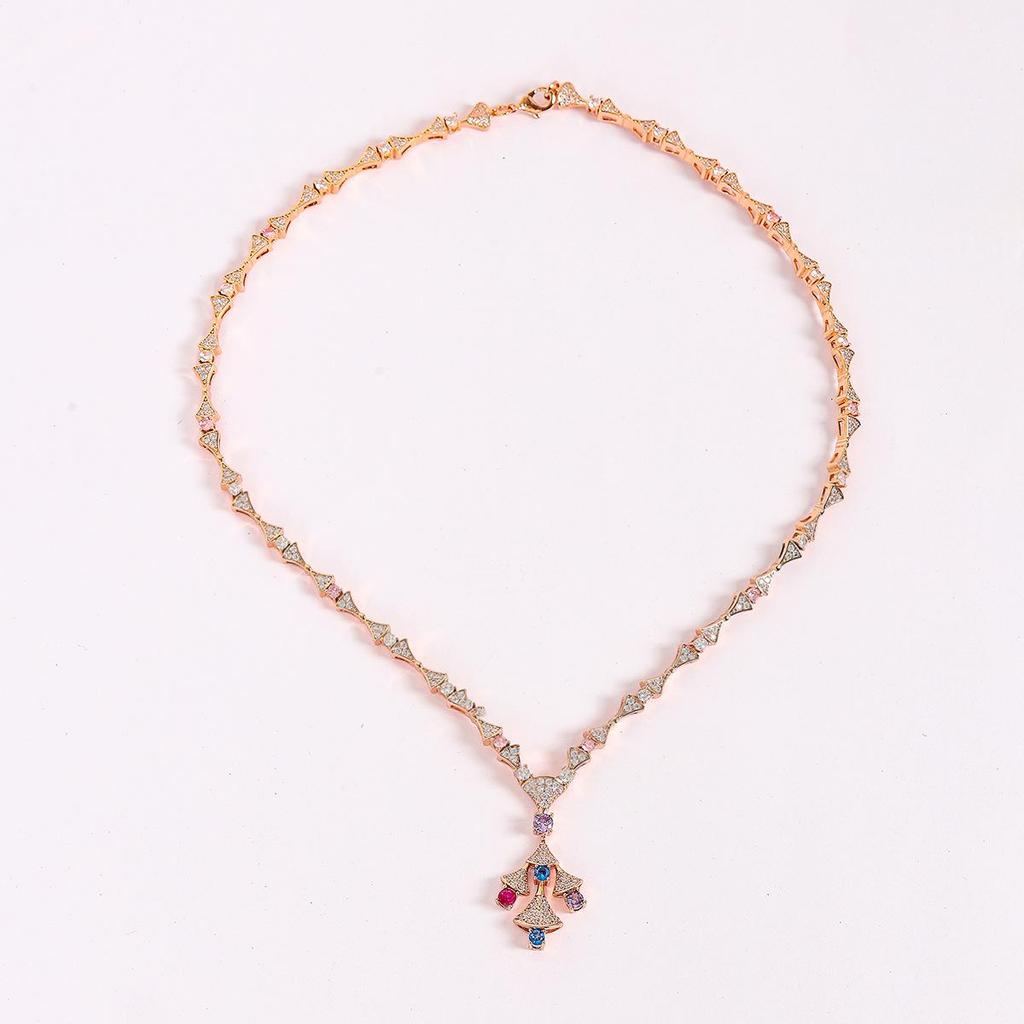 Элегантный набор колье в форме веера и красочных серег с цирконами для женщин - Медь с золотым покрытием