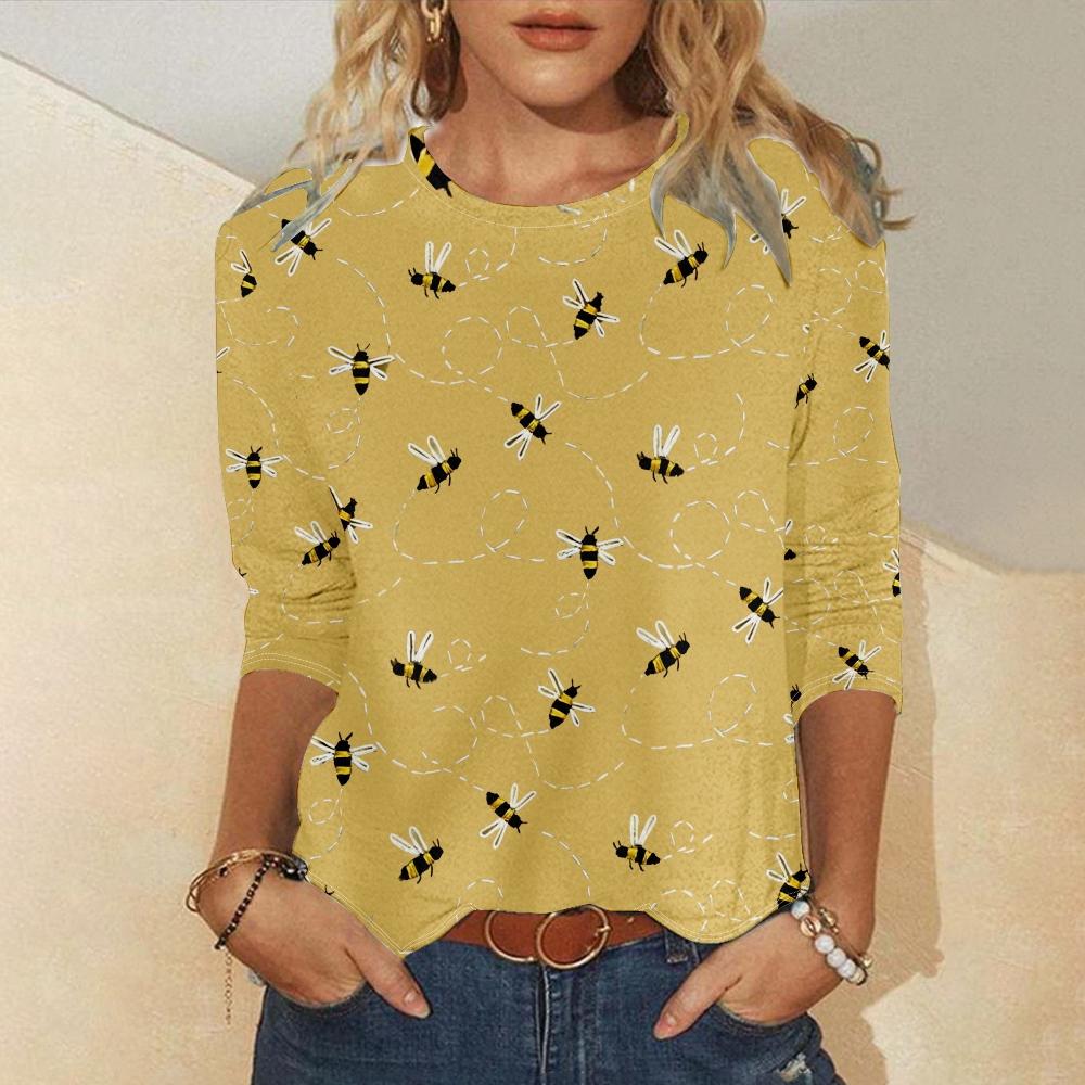 Women's Long Sleeves T-shirts Fall/Winter New Cute Bee Print Tees Fashion Trend O-neck Tops Casual Loose Cotton Women Clothing