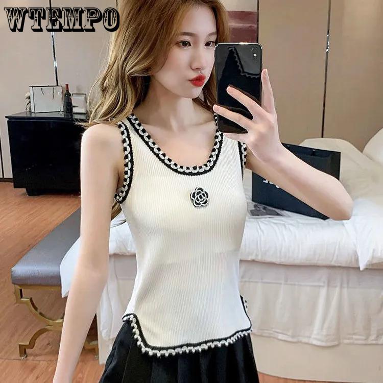 WTEMPO Однотонные эластичные черные белые жилеты-камизолы для женщин с круглым вырезом, тонкие майки, весна-лето, короткие, большого размера, трикотажные базовые жилеты