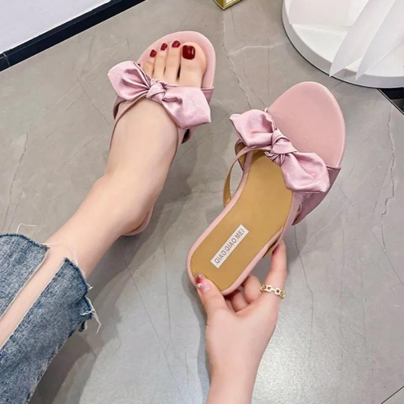 Fashion Fashion Flat Bow Slippers Summer New Round Toe Open Toe Thin Strap Soft Sole Non-slip Wear-resistant Flip-flops
