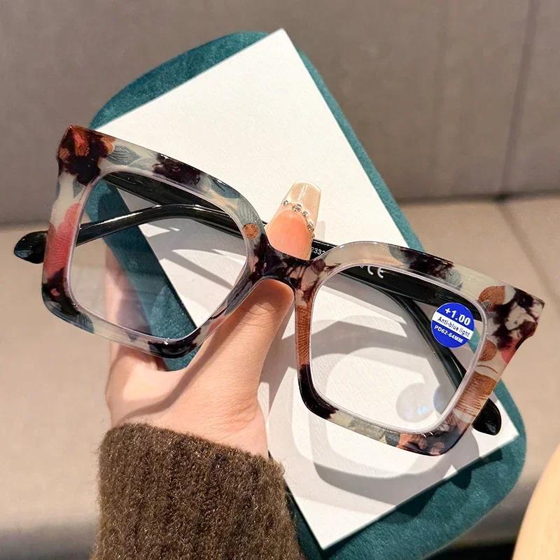 Luxury Flora Printed Women Reading Glasses Trendy New Style Large Frame Hyperopia Men Oversized Anti-blue Presbyopic Glasses