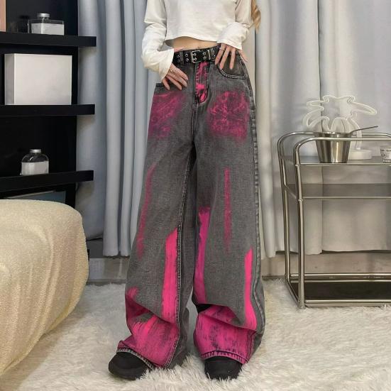 Женские джинсы Винтажные розовые граффити Широкие брюки Свободные контрастные цвета Джинсовые брюки Застежка-молния на пуговицы Хип-хоп Уличная одежда Прямые брюки