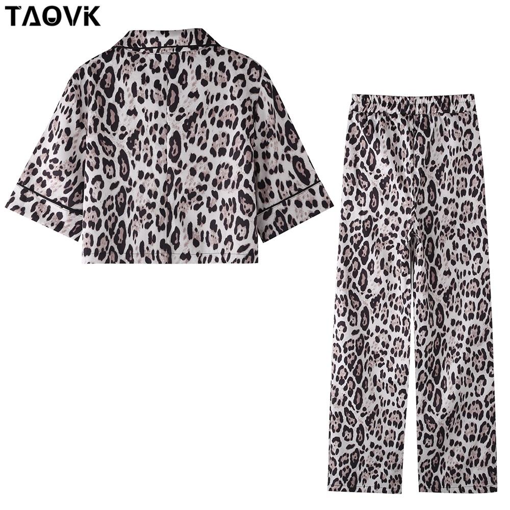 TAOVK Женские брючные костюмы, сексуальные леопардовые мини-топы с v-образным вырезом и короткими рукавами, рубашки + широкие брюки, комплекты из 2 предметов, верхняя одежда
