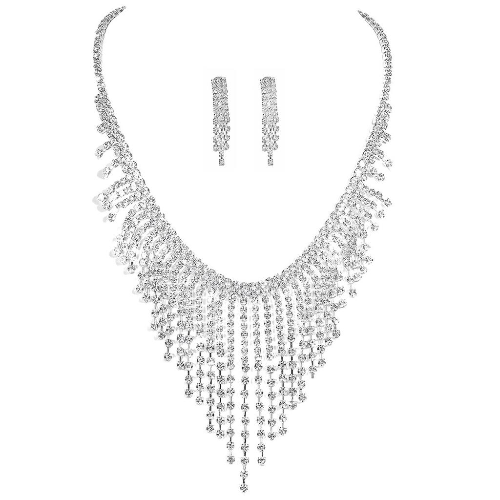 Luxurious Sparkling Rhinestone Necklace Earrings Two-piece Set Bridal Jewelry Earrings