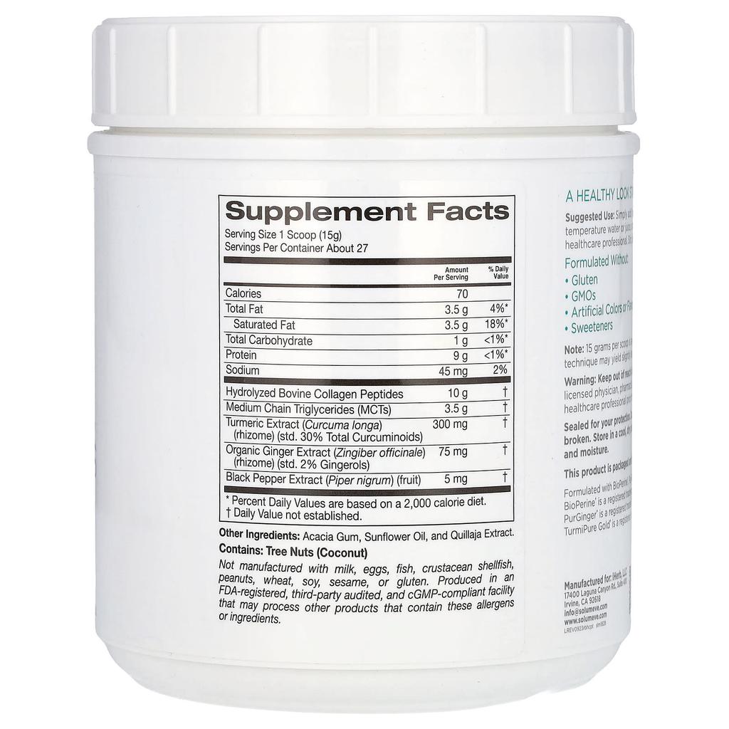 Solumeve With Hydrolyzed Collagen Peptides, Turmeric, MCT, Ginger, 400 G (14.1 Oz)