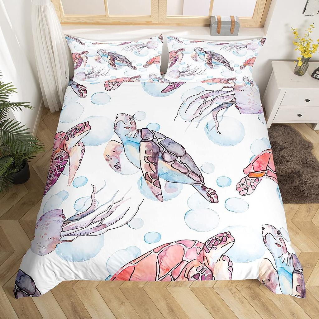 Sea Animals Duvet Cover Set Turtle Print Bedding Sets Queen Size 3D Gorgeous Luxury Comforter Cover Set Marine Life Quilt Cover
