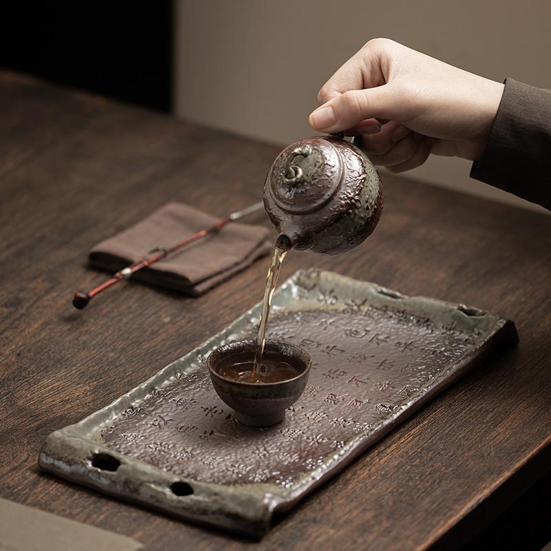 Retro Old Rock Mud Tea Tray Rectangular Dry Brewing Tray Chinese Heart Meridian Dry Brewing Table Simple Household Kung Fu Tray