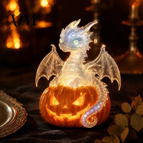Unique Gothic Home Accents Halloween Pumpkin Dragon Statue, LED Glowing Resin Figurine Festive Desktop Display Ornament with Warm Light, Spooky