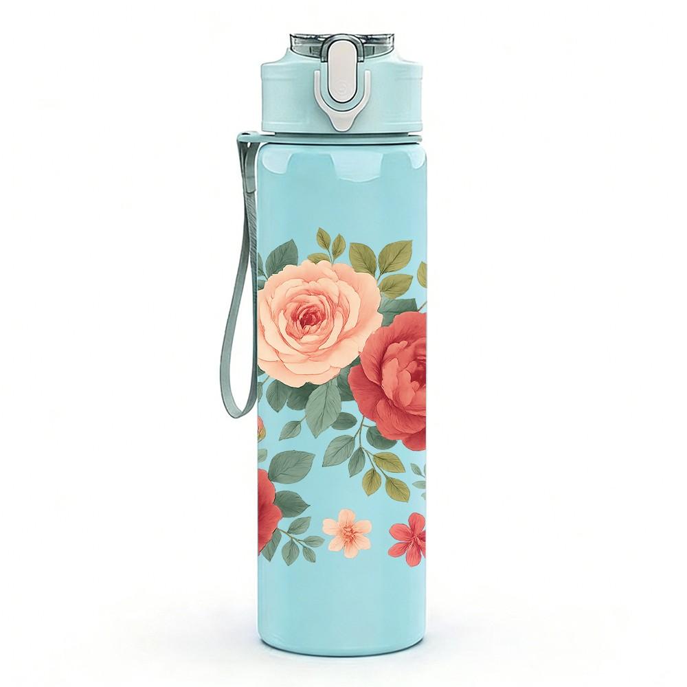 1PC Red Rose Floral Bouquet Art 750ml Color Plastic Sports Water Bottle Leakproof Flip Straw Lid Suitable for Sports Office Home Use