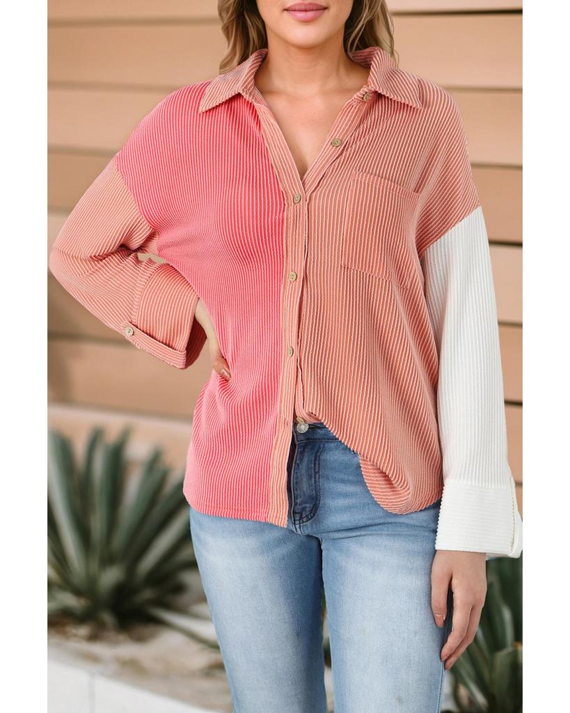 Azura Exchange Pink Ribbed Colorblock Drop Shoulder Shirt with Pocket