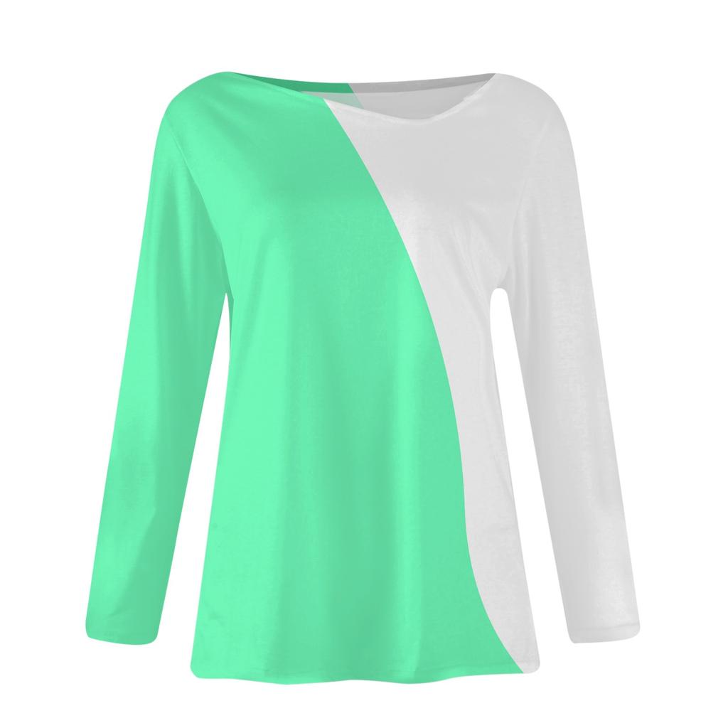 Women's Fashion Casual Slant Neck Irregular Color Block Splicing Print Long Sleeve T-shirt Top