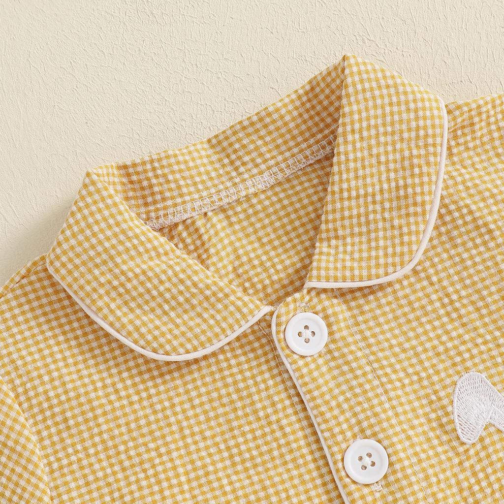 Пижама для маленьких девочек на Пасху, клетчатый принт, вышитые оборки, футболка на пуговицах с эластичными шортами для дома, одежда для сна