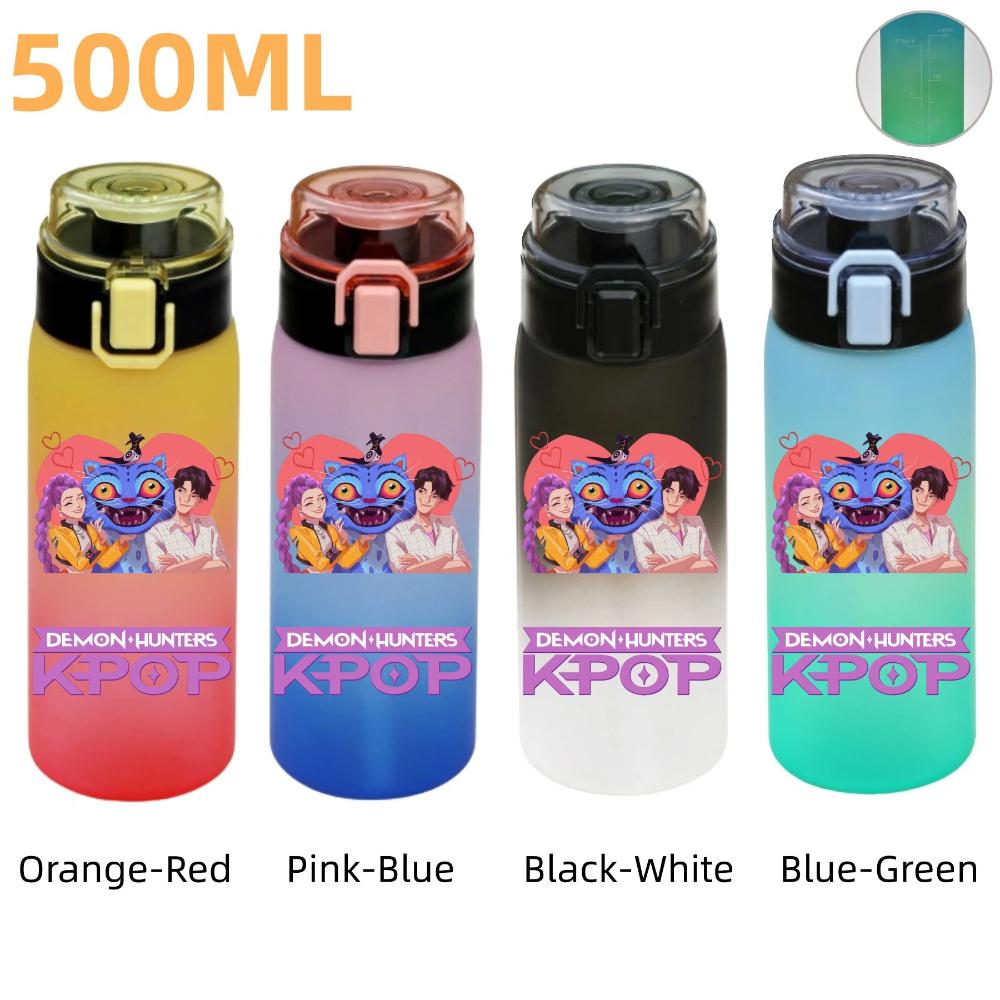 500ML KPop Demon Hunters Plastic Anime Water Cup Has Scale Travel Office Gym Hiking Portable Drink Bottles Outdoor Sport Gifts