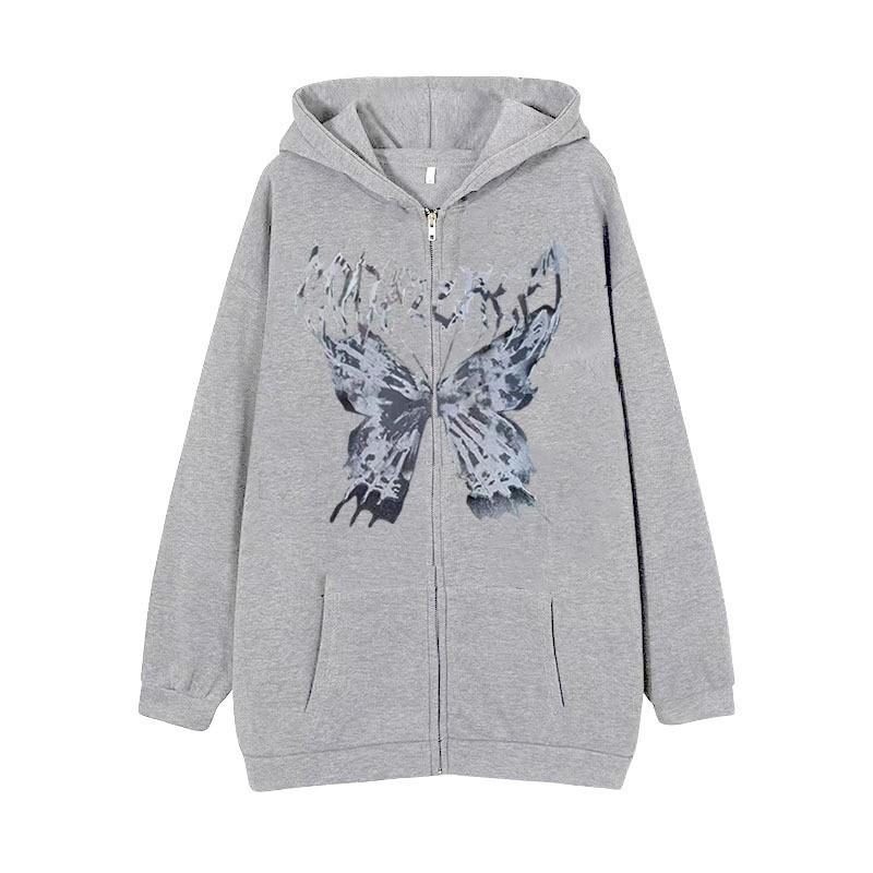 Mens Hooded Zip-Up Sweatshirt With Butterfly Print Gothic Style Loose Fit Winter Casual Wear