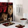 4Pcs Luxury Waterproof Lion Rose Flower Shower Curtain Sets for Bathroom Non-Slip Bathroom Rugs Lid Toilet Cover Bath Mat