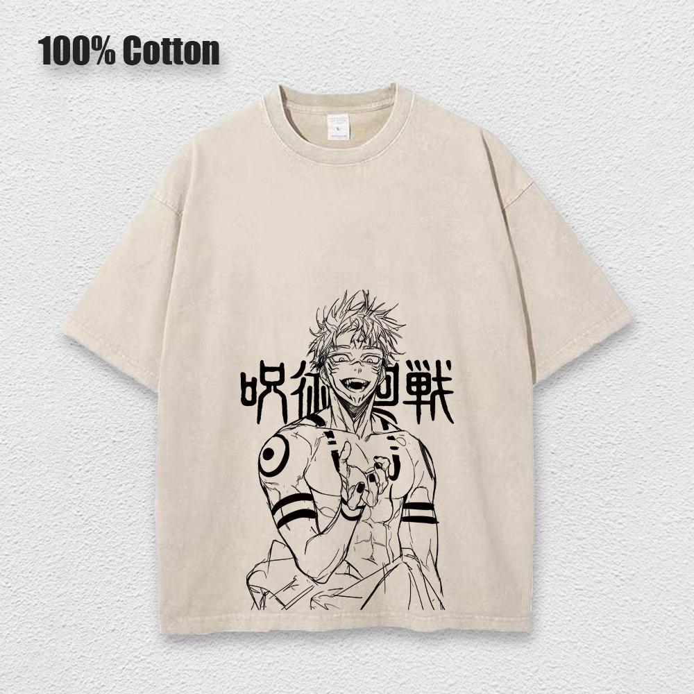 Аниме принтованная винтажная хлопковая футболка мужская футболка большого размера Harajuku летняя футболка с коротким рукавом женская винтажная выстиранная футболка