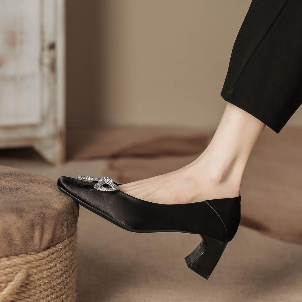 H759-3 атласные туфли на высоком каблуке с квадратной головкой женские модные фэн-шуй бриллиантовые украшения толстые каблуки женские туфли кожаные стельки весна новинка