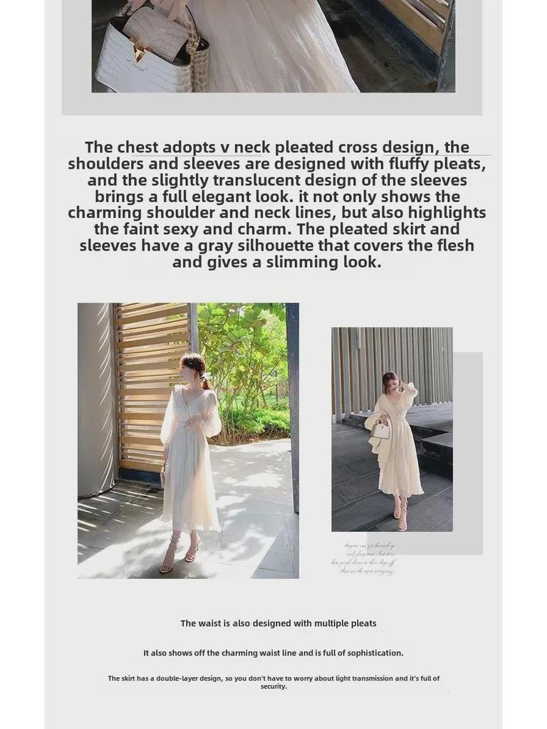 2024 French Style Puff Sleeve White Dress - Elegant Slim Fairy Princess Design