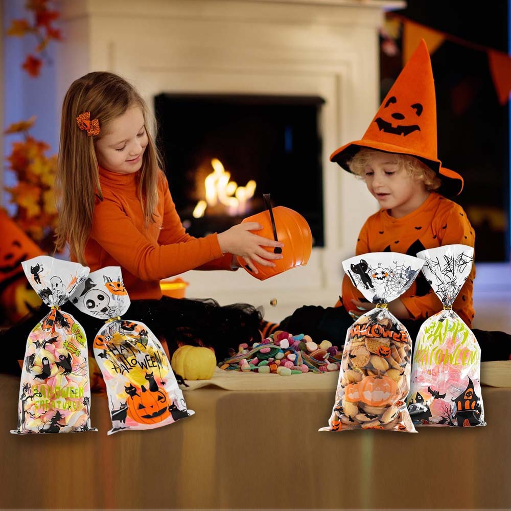 100 шт. целлофановых пакетов на Хэллоуин, прозрачный целлофановый пакет, подарочные пакеты для сладких конфет с завязками для вечеринки на Хэллоуин