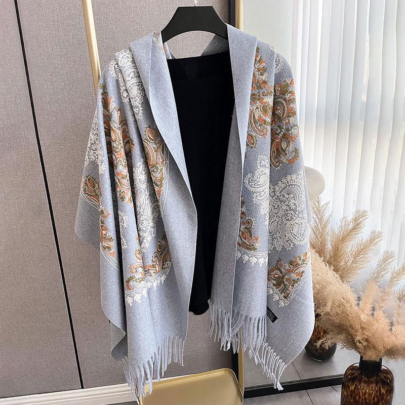 Winter Warm Cashmere Scarf for Women Floral Embroidery Pashmina Blanket Thick Shawl Wrap Neckerchief Elegant Lady Poncho Bufanda