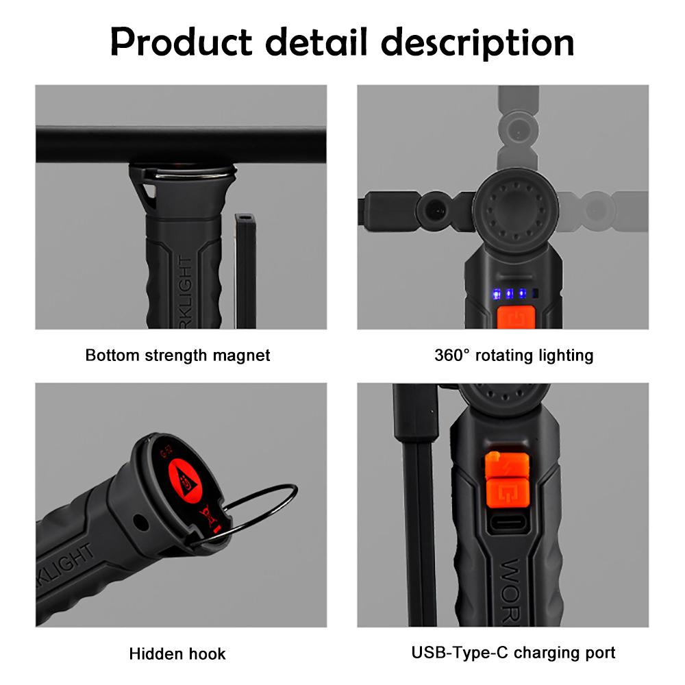 Перезаряжаемые рабочие фонари Светодиодный складной фонарик с магнитной базой COB-свет Вращение на 360° Ремонт автомобиля Дом Гараж Аварийный Кемпинг