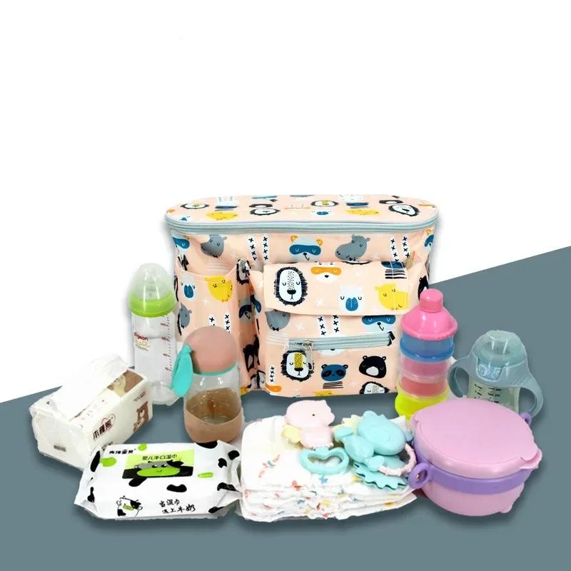 Сумка для хранения детской коляски большой вместимости-Нейлоновая портативная подвеска с мультяшным животным, многофункциональная для бутылочек, салфеток, детских вещей