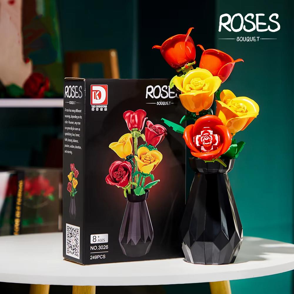 249PCS Rose Bouquet Building Blocks Creative Flower In Vase Model Bricks Desktop Decoration Diy Toys For Kids Holiday Gifts