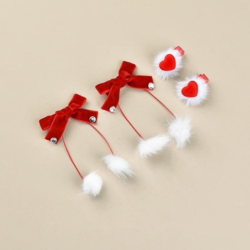 Красные бархатные заколки-банты для принцессы, милые помпоны в форме сердца, детские осенне-зимние заколки для волос, корейские милые заколки, новогодний головной убор