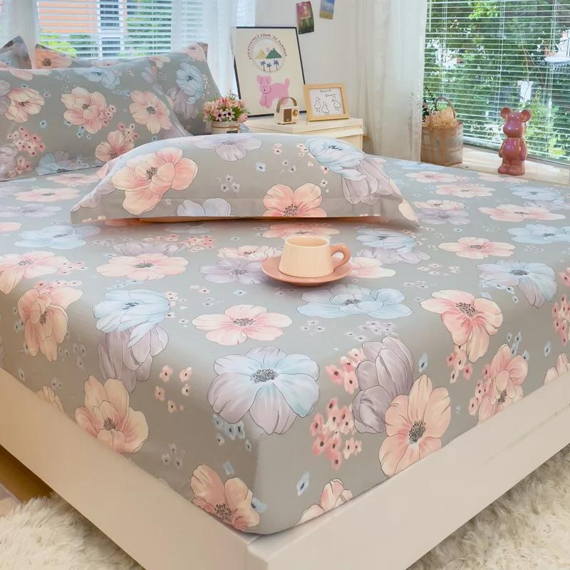 1pc 100%Cotton Bed Sheet Flower Printed Mattress Cover Single/Queen/King Fitted Bedsheet Double Bed Sheets (without Pillowcase)