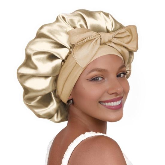 Satin Hair Bonnet for Sleeping Women Double-Layer Faux Silk Cap with Tie Curling