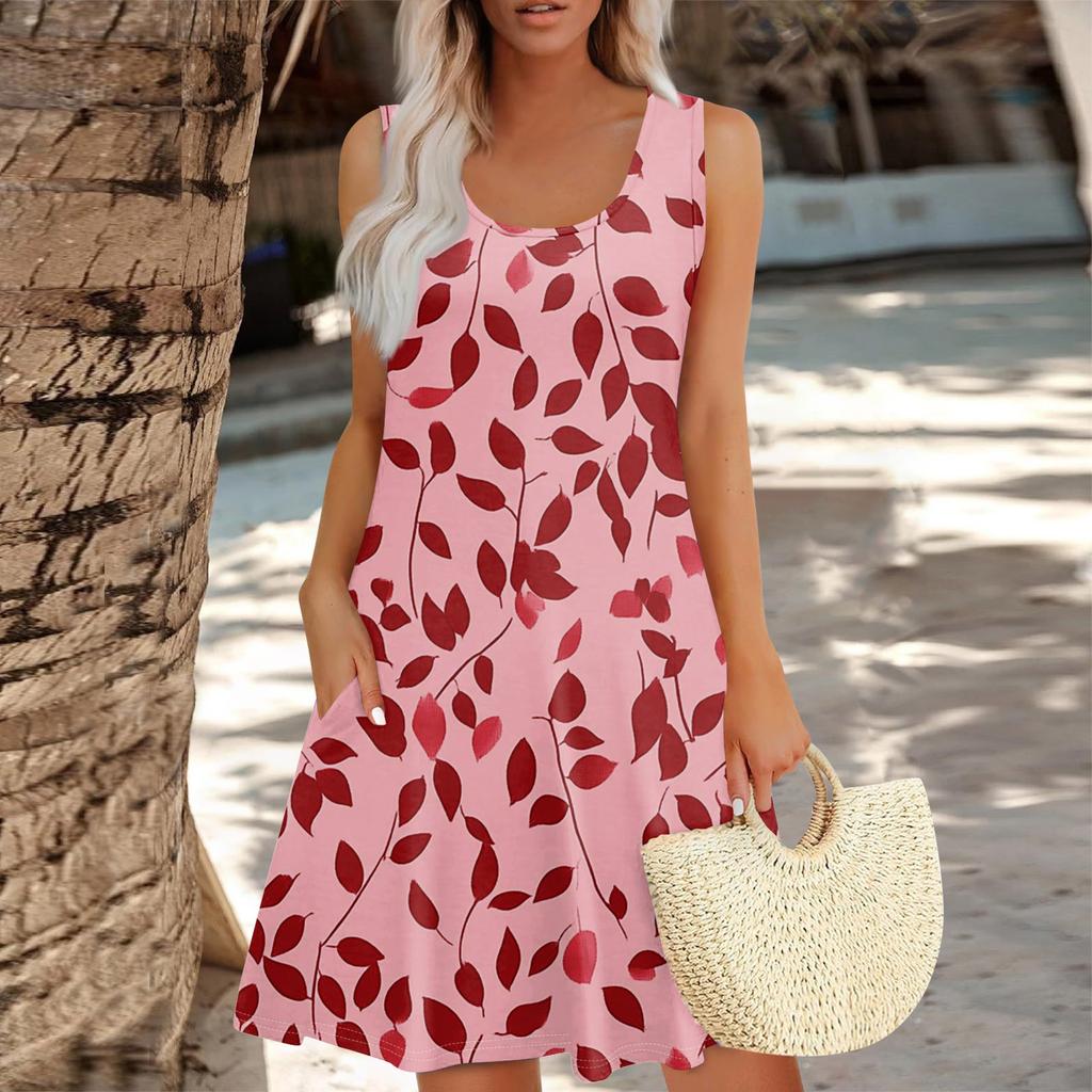 Women's Summer Leaf Print Fashion Casual Square Neck Sleeveless Dress With Pockets