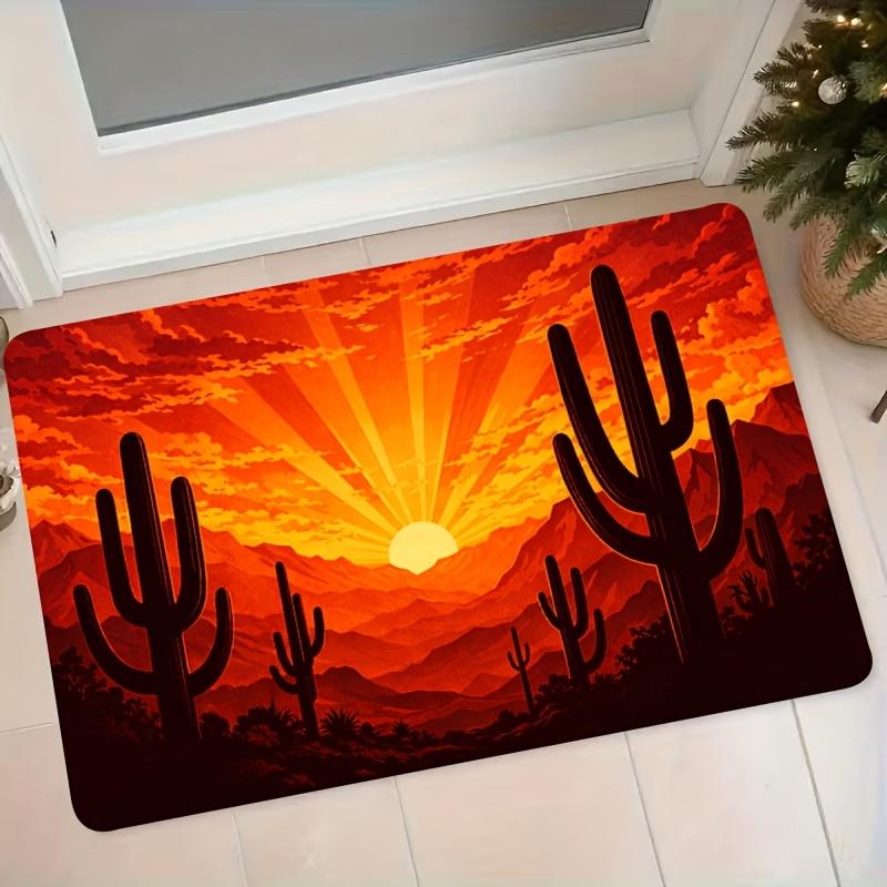 1pc Desert Sunset Cactus Suitable for Bedroom & Living Room, Non-Slip Absorbent Floor Mat with Cactus Mountain, Soft Flannel Suitable for Entryway, Ma