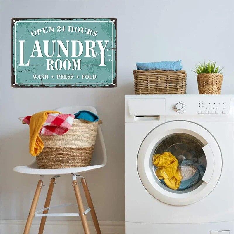 Laundry Vintage Metal Sign Tin Sign Funny Metal Plaque Retro Plate Metal Poster Open 24 Hours for Home Room Washroom Wall Decor