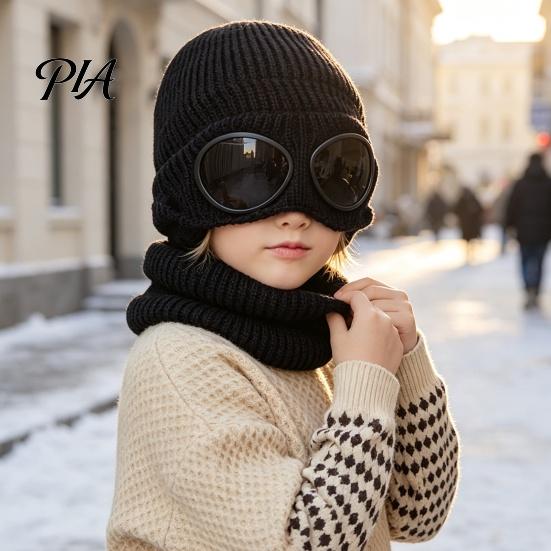 Playful Goggle Decor Hat for Kids 1 Set Knit Neck Warmer Kids, Winter Earflap with Goggles, Gift School Travel Fleece Lined Aviator Cap, Warm
