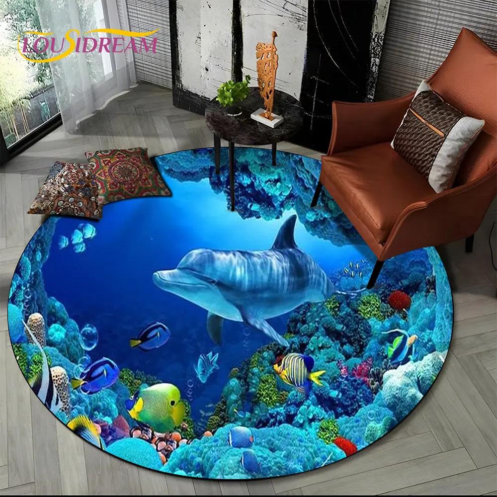 Круглый ковер 3D Иллюзия Морского Дна Дельфин, Коврик с Принтом Подводного Мира Нескользящий для Гостиной, Спальни, Игровой Комнаты, Декора Дома
