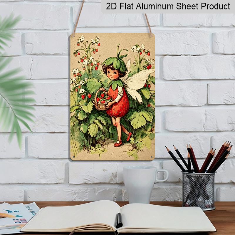 2D Flat Vintage Strawberry Fairy Aluminum Sign - Cottagecore Garden Wall Decor Cottagecore Decor, Fairy Garden, Garden Decor, Cottage Decor, Kitchen