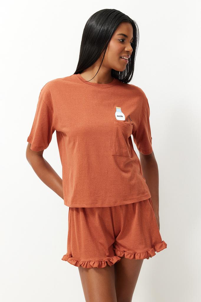 Women's Fashion New Pajama Set Gray Cotton Printed T-shirt-Shorts Knitted Pajama Set