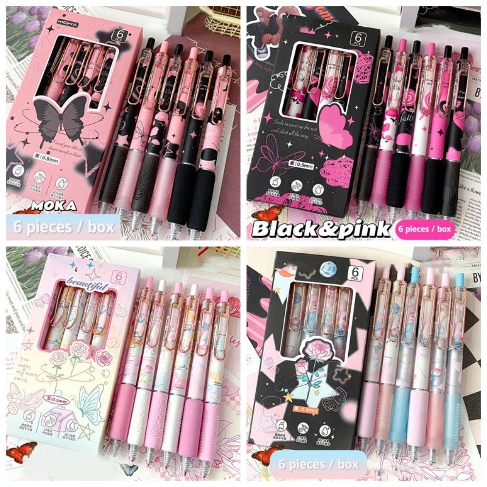 6PCS Butterfly Series 0.5mm Writing Pen Kawaii Black Ink Pen Boxed Cute Press Gel Pen  School Office
