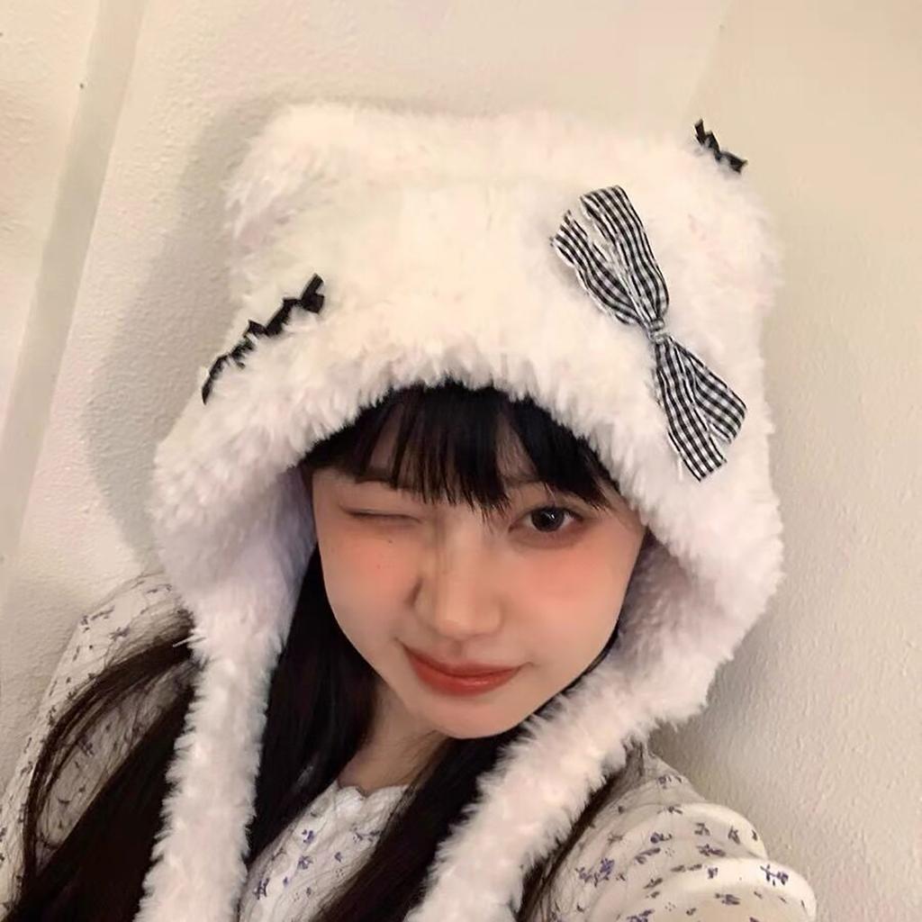 Cute Girls Bowknot Bear Ear Earflap Beanie Windproof Trapper Hat Ear Protector Hat Adult Winter Cycling Skiing Supplies
