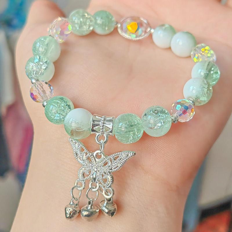 Lovely Women Hand Bracelets Butterfly Heart Bell Tassel Lock Ice Cracked Beaded Glass Beads Stretch Bangle Student Jewelry 1164