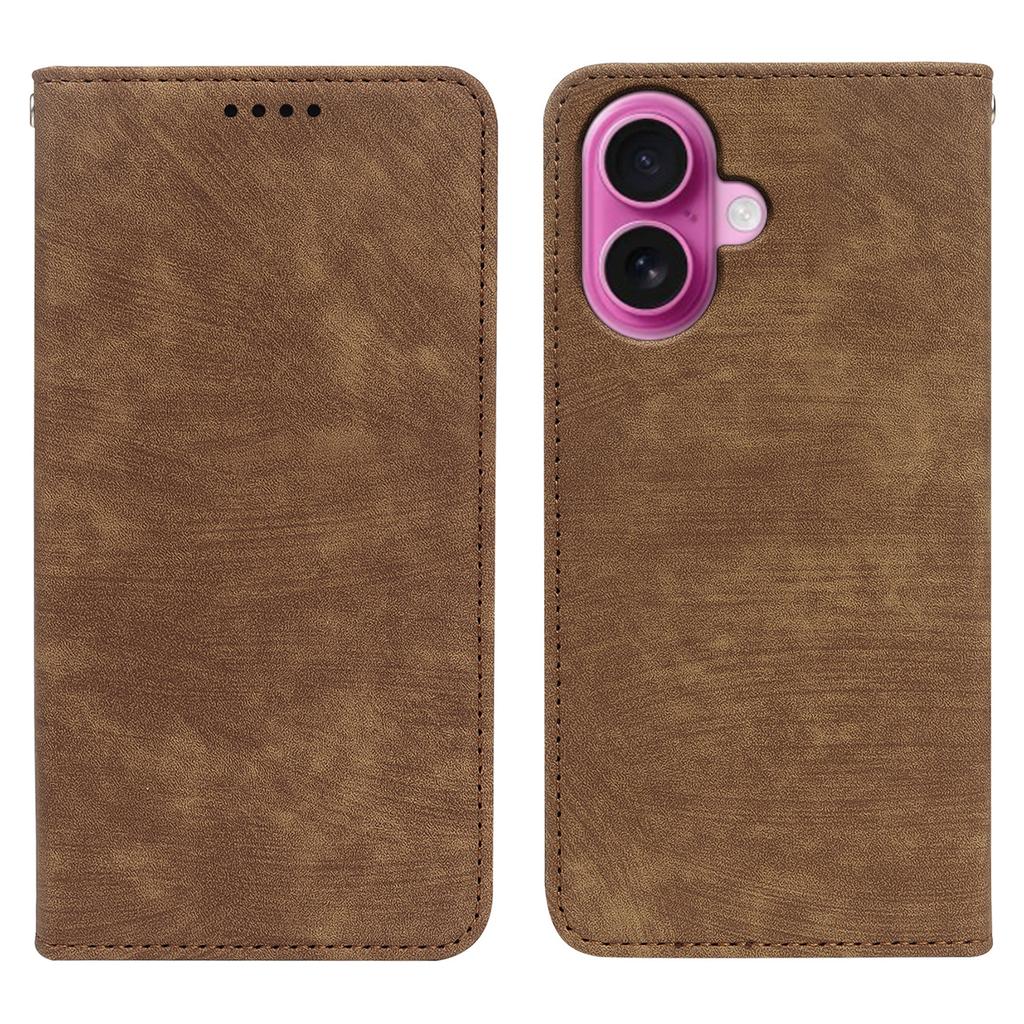 For iPhone 16 Case Strong Magnetic Leather Wallet Phone Cover with Striped Texture - Black