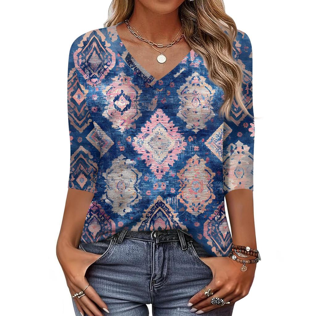 Women's T Shirt Print 3/4 Sleeve Daily Weekend Fashion Basic V- Neck Regular Top