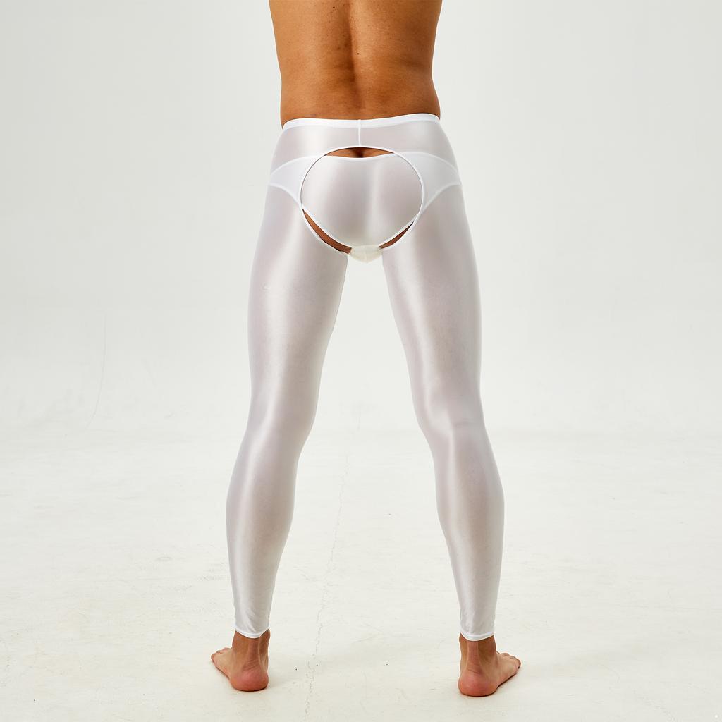 Mens Glossy Open Crotch Leggings Pants High Waist Slim Fit Tights Underwear Baselayer Pants for Nightclub Dance Wear