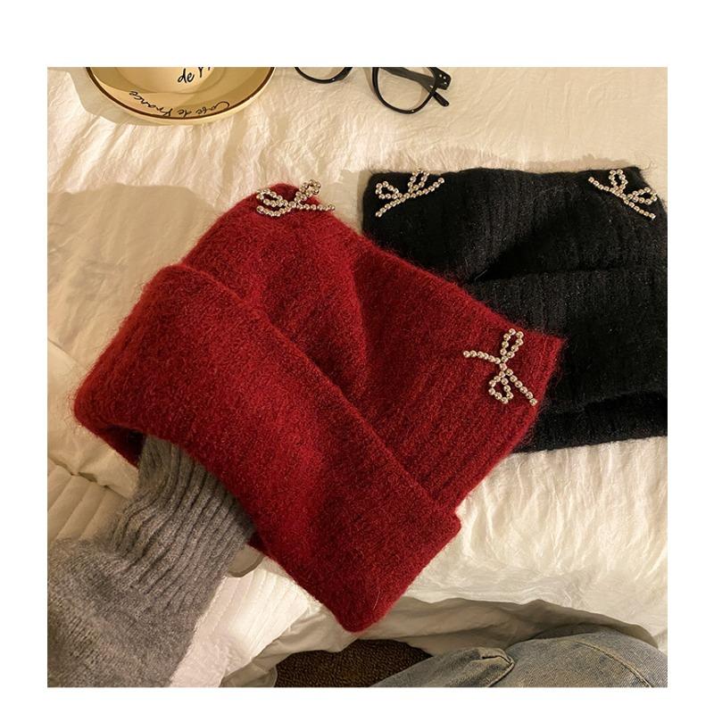 Women S Korean Style Bow Knit Hat For Winter Large Head Size Warm Beanie