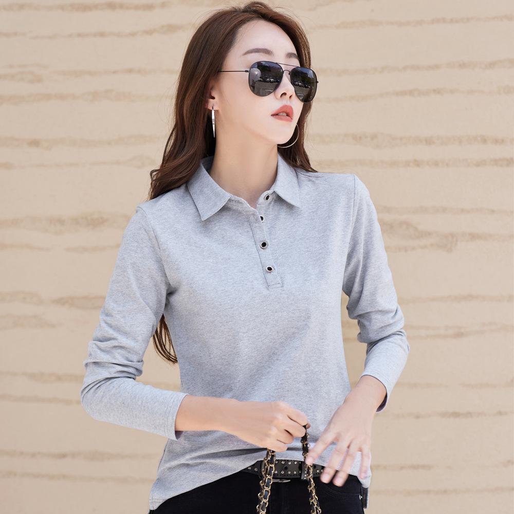 Женская футболка с длинными рукавами и лацканами, корейский стиль, тонкий хлопок, простая рубашка поло на пуговицах, универсальная профессиональная женская одежда