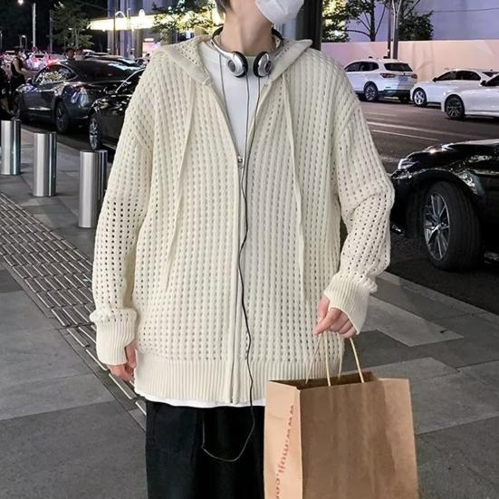 Мужской свитер с длинным рукавом, на молнии, однотонный, с ажурным дизайном, супермягкий, декоративный, полиэстер, мужской свитер-пальто с капюшоном, осень